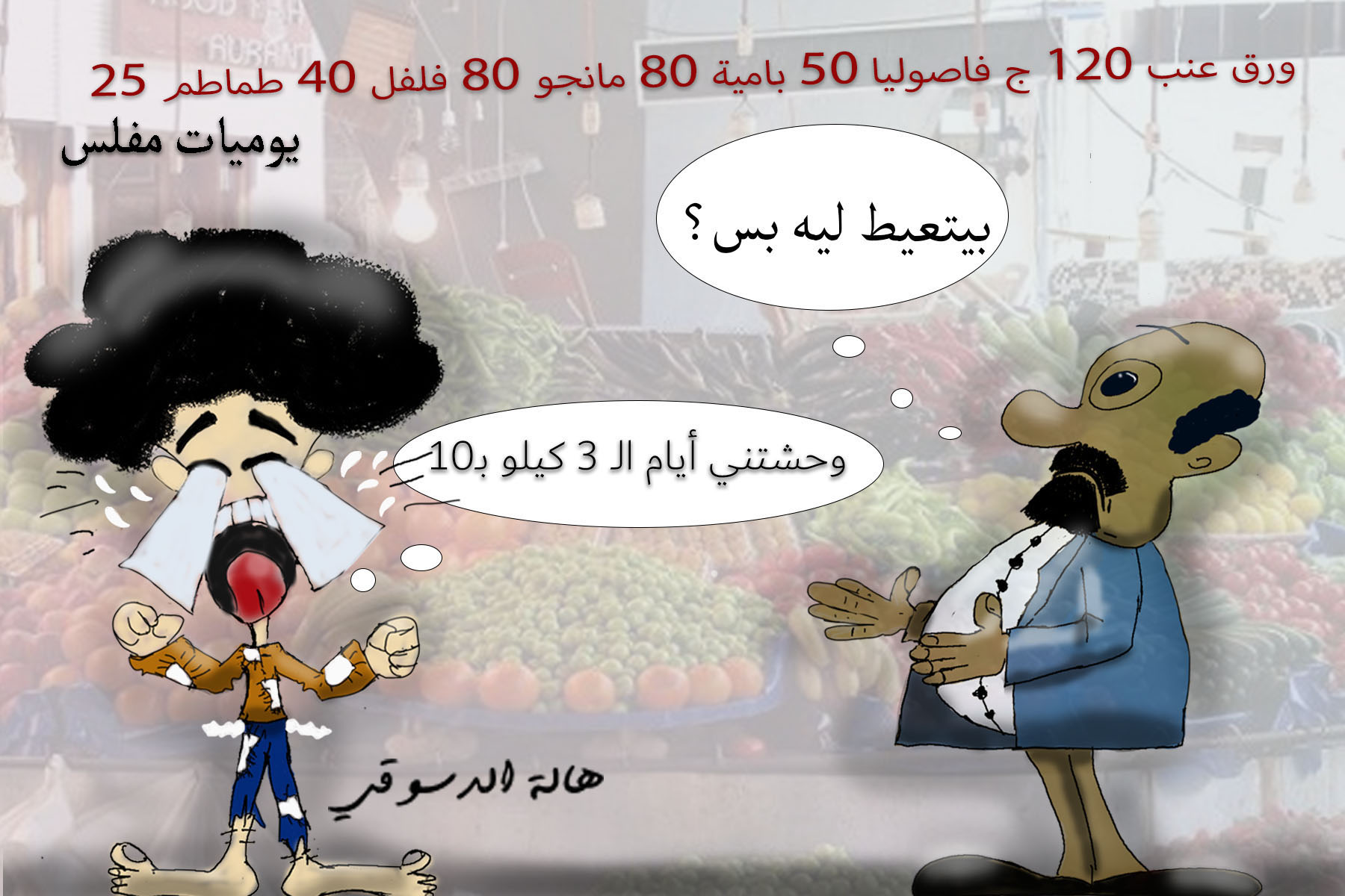 غلاء الأسعار, أزمة اقتصادية, القدرة الشرائية, التضخم, الفقر, يوميات مفلس, كاريكاتير ساخر, ارتفاع أسعار السلع, الأسعار القديمة, بكاء المواطن - هالة الدسوقي